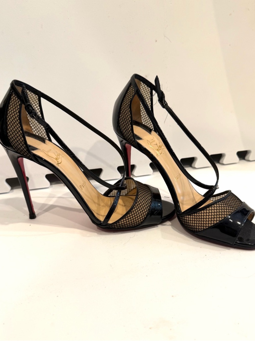 Christian Louboutin Black Mesh & Patent Strappy Stiletto Sandals
